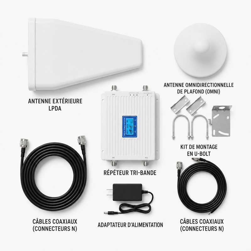 Amplificateur Signal Mobile Tri-Band 2G/3G/4G – Kit Complet Antennes + Câbles