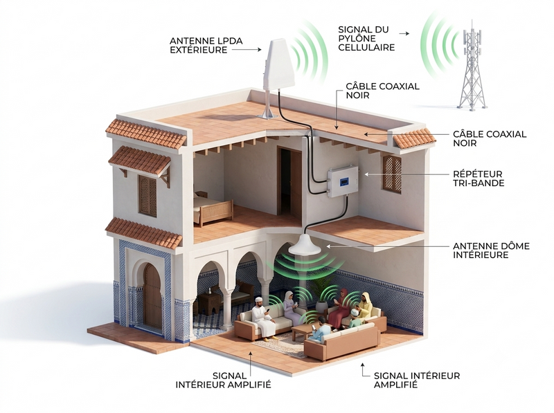 Amplificateur Signal Mobile Tri-Band 2G/3G/4G – Kit Complet Antennes + Câbles